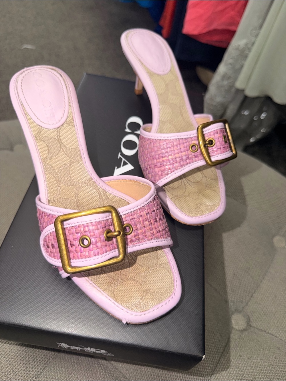 Coach Pink Woven Buckle Slide Heels with Gold Buckles
